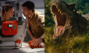 Side-by-side composite photo featuring Scarlett Johansson and Jonathan Bailey looking intently at equipment on the left, beside a Tyrannosaurus rex roaring with open jaws in a jungle on the right.