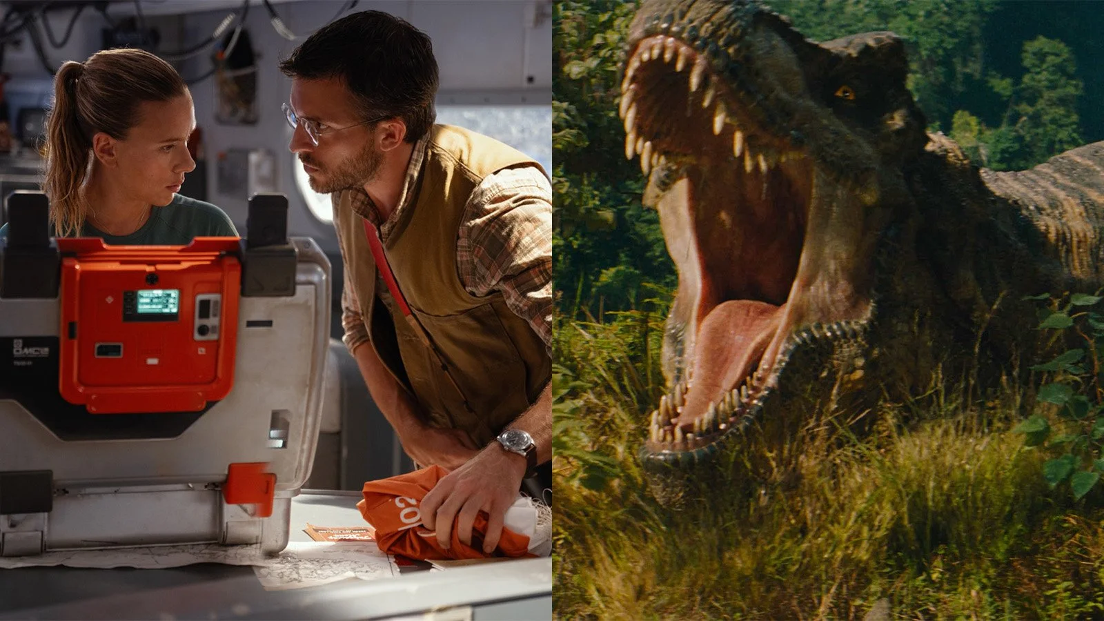 Side-by-side composite photo featuring Scarlett Johansson and Jonathan Bailey looking intently at equipment on the left, beside a Tyrannosaurus rex roaring with open jaws in a jungle on the right.
