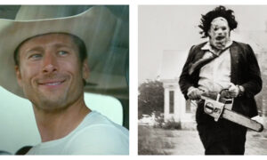 Glen Powell from Twisters and Leatherface from Texas Chainsaw Massacre