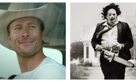 Glen Powell from Twisters and Leatherface from Texas Chainsaw Massacre