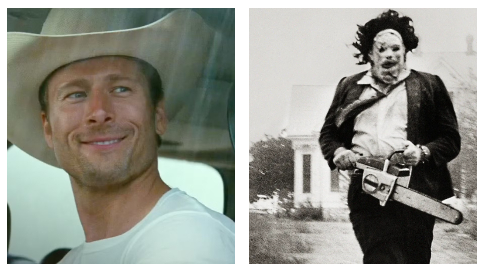 Glen Powell from Twisters and Leatherface from Texas Chainsaw Massacre