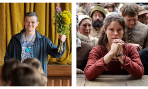 Stills of Robert Aramayo and Jessie Buckley from I Swear and Hamnet