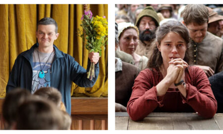 Stills of Robert Aramayo and Jessie Buckley from I Swear and Hamnet