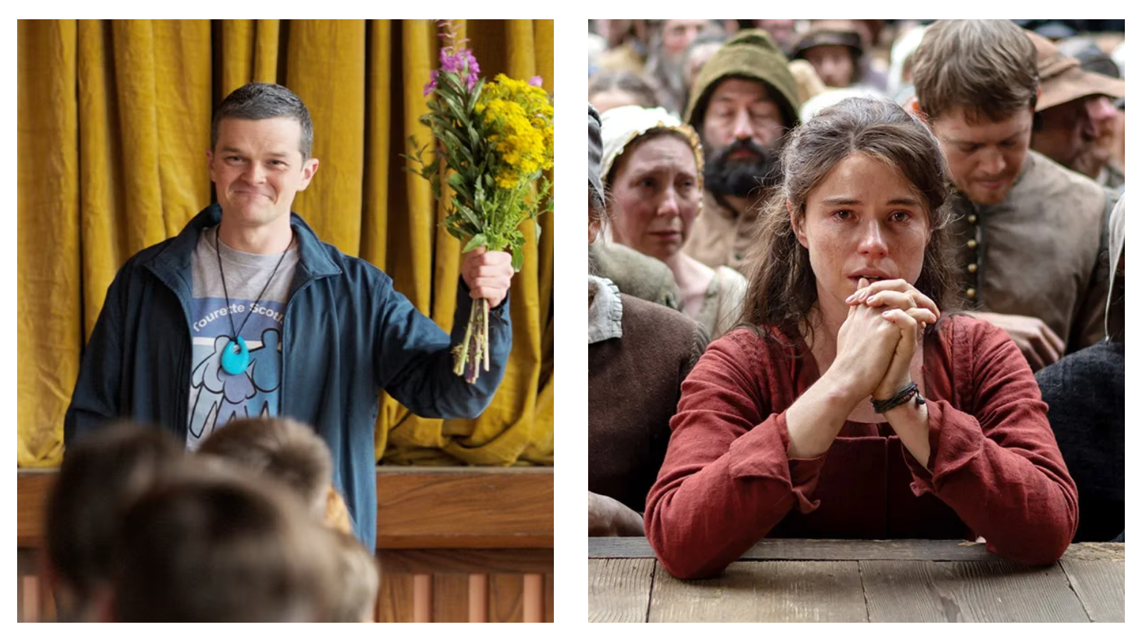 Stills of Robert Aramayo and Jessie Buckley from I Swear and Hamnet