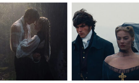 Stills of Margot Robbie and Jacob Elordi in Wuthering Heights