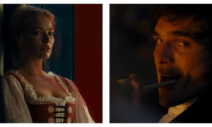 Stills of Margot Robbie and Jacob Elordi from Wuthering Heights