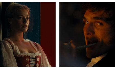 Stills of Margot Robbie and Jacob Elordi from Wuthering Heights