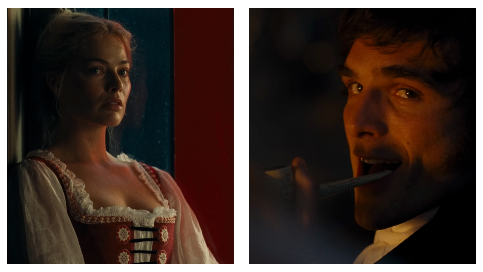 Stills of Margot Robbie and Jacob Elordi from Wuthering Heights