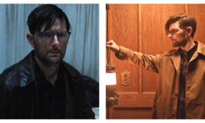 Two side-by-side film stills of Adam Scott in "Hokum". Left: Scott with damp hair and glasses looks weary in a dark leather jacket; Right: he wears a tan trench coat, holding a glowing lantern against a wood-panelled background.