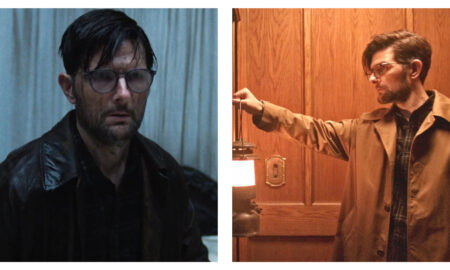Two side-by-side film stills of Adam Scott in "Hokum". Left: Scott with damp hair and glasses looks weary in a dark leather jacket; Right: he wears a tan trench coat, holding a glowing lantern against a wood-panelled background.