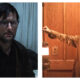 Two side-by-side film stills of Adam Scott in "Hokum". Left: Scott with damp hair and glasses looks weary in a dark leather jacket; Right: he wears a tan trench coat, holding a glowing lantern against a wood-panelled background.