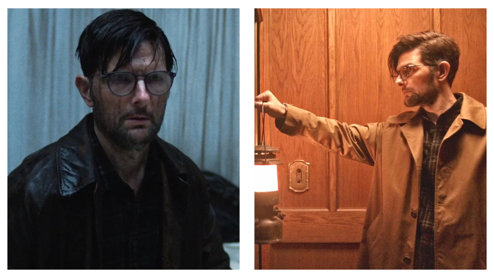Two side-by-side film stills of Adam Scott in "Hokum". Left: Scott with damp hair and glasses looks weary in a dark leather jacket; Right: he wears a tan trench coat, holding a glowing lantern against a wood-panelled background.