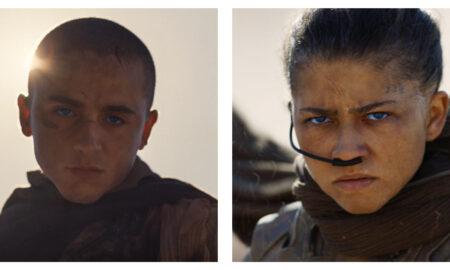 Two side-by-side cinematic stills from Dune: Part Three showing Paul Atreides and Chani with glowing blue eyes, facial scars, and desert survival gear. Paul has a shaved head and a sombre expression, while Chani wears a breathing tube and looks forward with a determined, intense gaze.