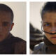 Two side-by-side cinematic stills from Dune: Part Three showing Paul Atreides and Chani with glowing blue eyes, facial scars, and desert survival gear. Paul has a shaved head and a sombre expression, while Chani wears a breathing tube and looks forward with a determined, intense gaze.