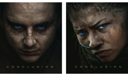 Side-by-side dark Dune: Part Three posters of Paul and Chani with glowing blue eyes and dusty skin. Text: THE EPIC CONCLUSION.