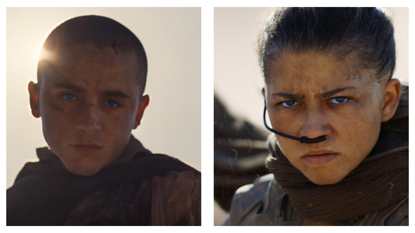 Two side-by-side cinematic stills from Dune: Part Three showing Paul Atreides and Chani with glowing blue eyes, facial scars, and desert survival gear. Paul has a shaved head and a sombre expression, while Chani wears a breathing tube and looks forward with a determined, intense gaze.