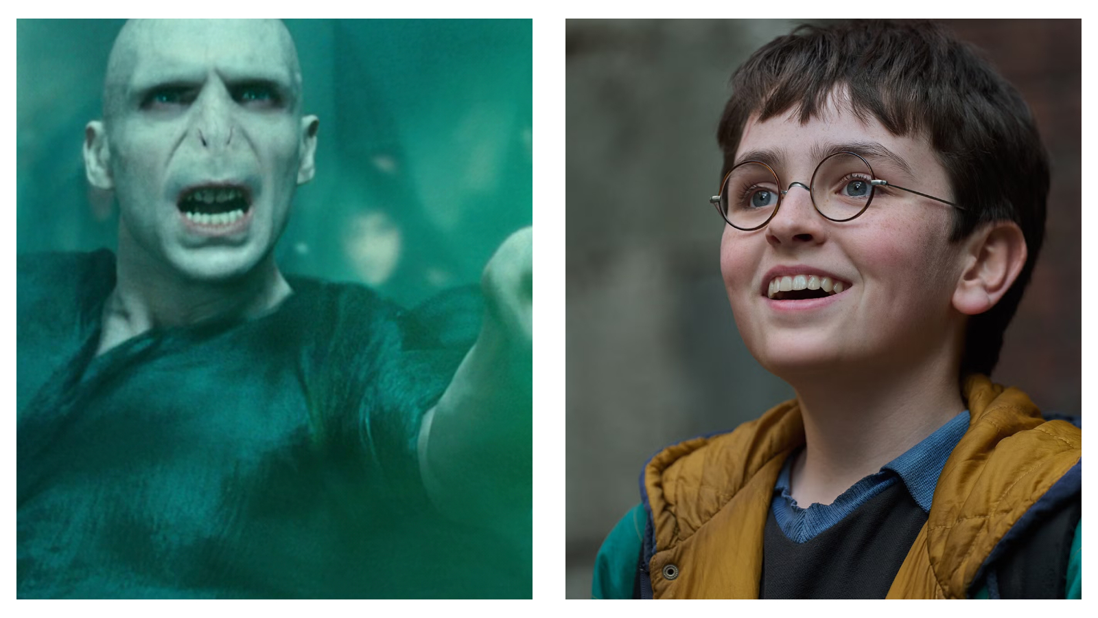 Stills of Ralph Fiennes as Lord Voldemort and Dominic McLaughlin as Harry Potter