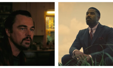 Side-by-side stills of Leonardo DiCaprio looking intense in One Battle After Another and Michael B. Jordan in a tailored suit kneeling in a grassy field in Sinners.