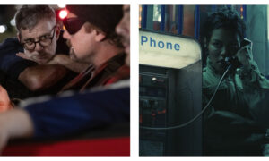 A still of Paul Thomas Anderson directing in One Battle After Another, side-by-side with a still of Teyana Taylor in the same film