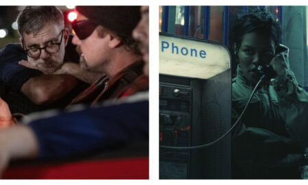 A still of Paul Thomas Anderson directing in One Battle After Another, side-by-side with a still of Teyana Taylor in the same film