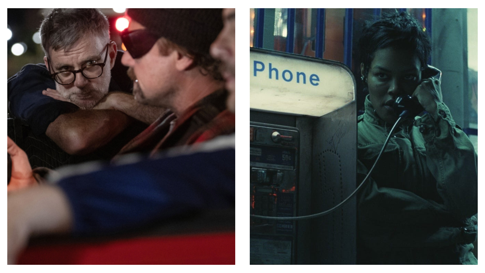 A still of Paul Thomas Anderson directing in One Battle After Another, side-by-side with a still of Teyana Taylor in the same film