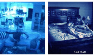 Grainy, blue-tinted CCTV stills from Paranormal Activity 2 (left) and Paranormal Activity (right). A woman stands over a man on a sofa; a couple sits up in bed. Text: 3:08:26 AM.