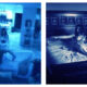 Grainy, blue-tinted CCTV stills from Paranormal Activity 2 (left) and Paranormal Activity (right). A woman stands over a man on a sofa; a couple sits up in bed. Text: 3:08:26 AM.