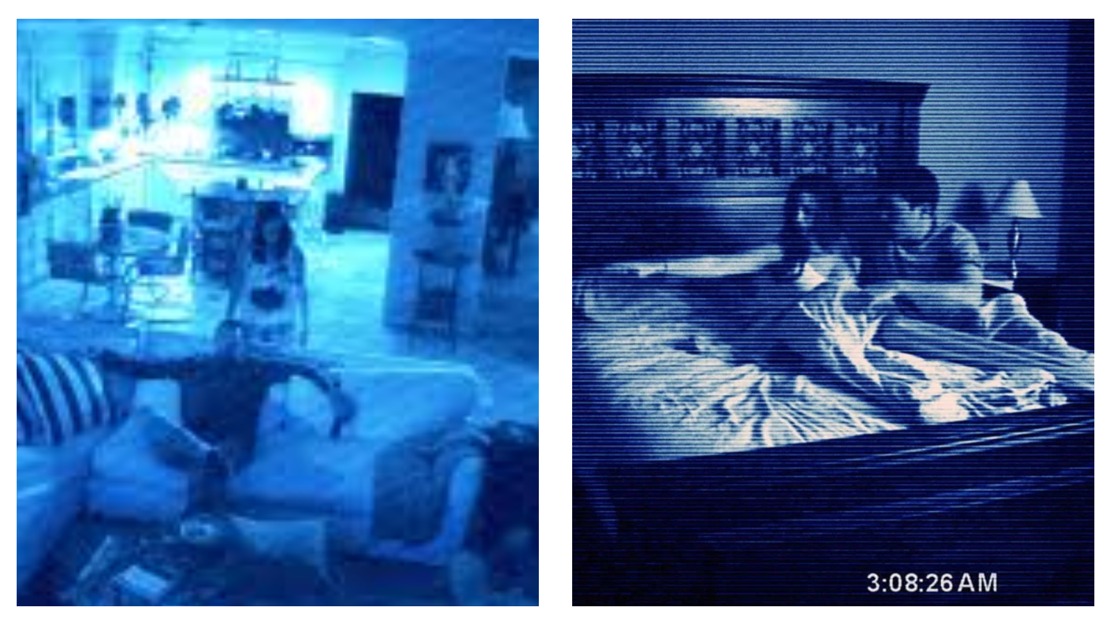 Grainy, blue-tinted CCTV stills from Paranormal Activity 2 (left) and Paranormal Activity (right). A woman stands over a man on a sofa; a couple sits up in bed. Text: 3:08:26 AM.