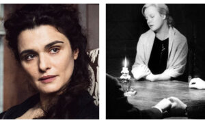 A side-by-side comparison of actor Rachel Weisz and Kim Stanley in a séance scene from the film Seance on a Wet Afternoon.