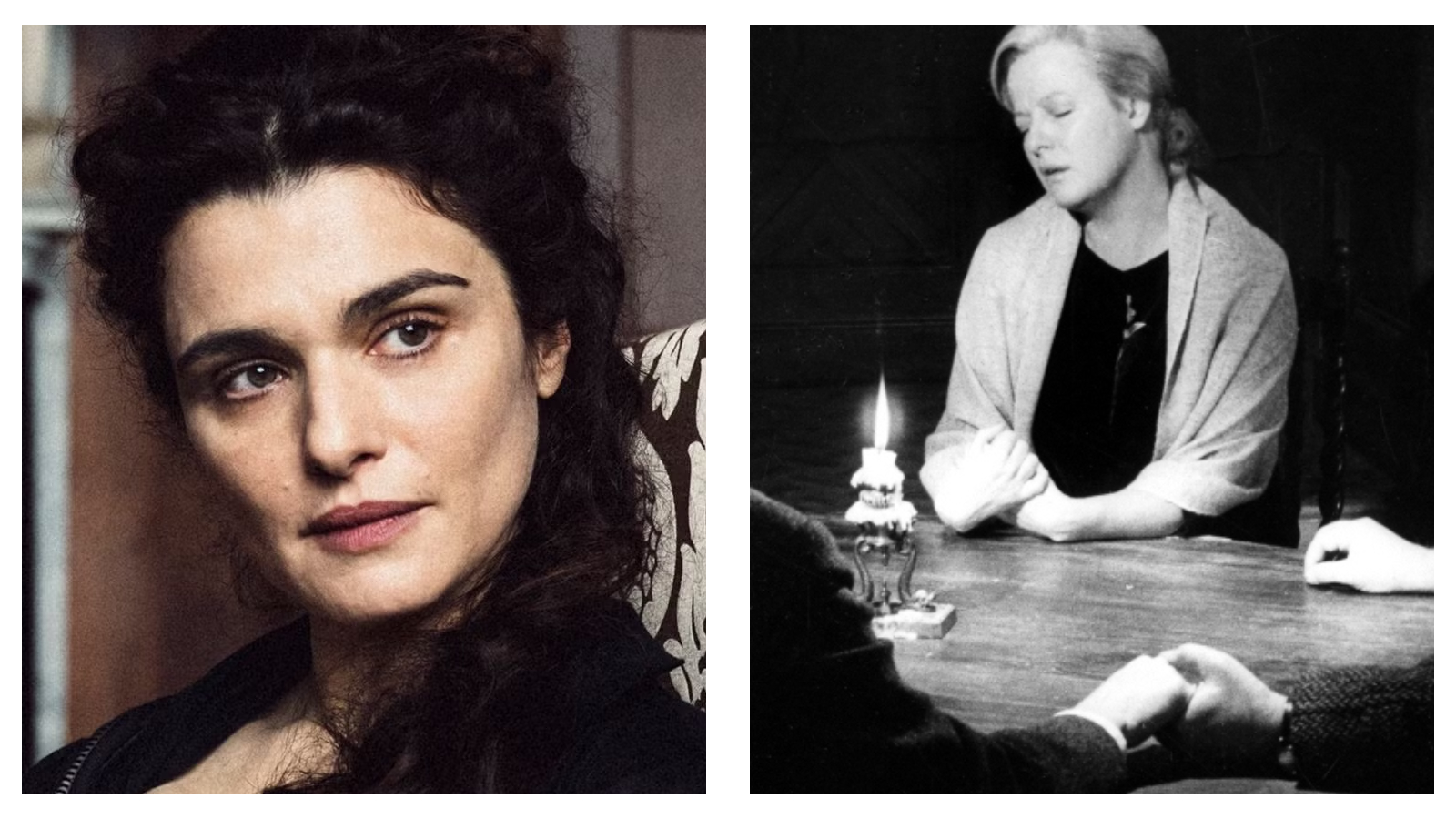 A side-by-side comparison of actor Rachel Weisz and Kim Stanley in a séance scene from the film Seance on a Wet Afternoon.
