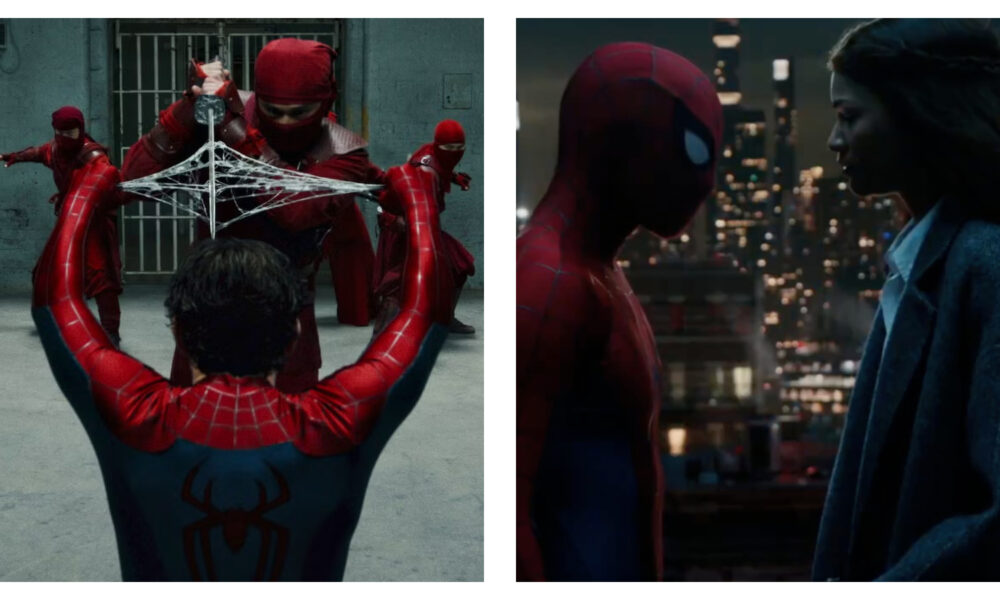 Two-panel cinematic comparison: Spider-Man uses a web-shield to block a ninja's sword strike; Spider-Man stands face-to-face with MJ against a nocturnal city skyline.