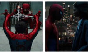 Two-panel cinematic comparison: Spider-Man uses a web-shield to block a ninja's sword strike; Spider-Man stands face-to-face with MJ against a nocturnal city skyline.