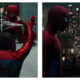 Two-panel cinematic comparison: Spider-Man uses a web-shield to block a ninja's sword strike; Spider-Man stands face-to-face with MJ against a nocturnal city skyline.