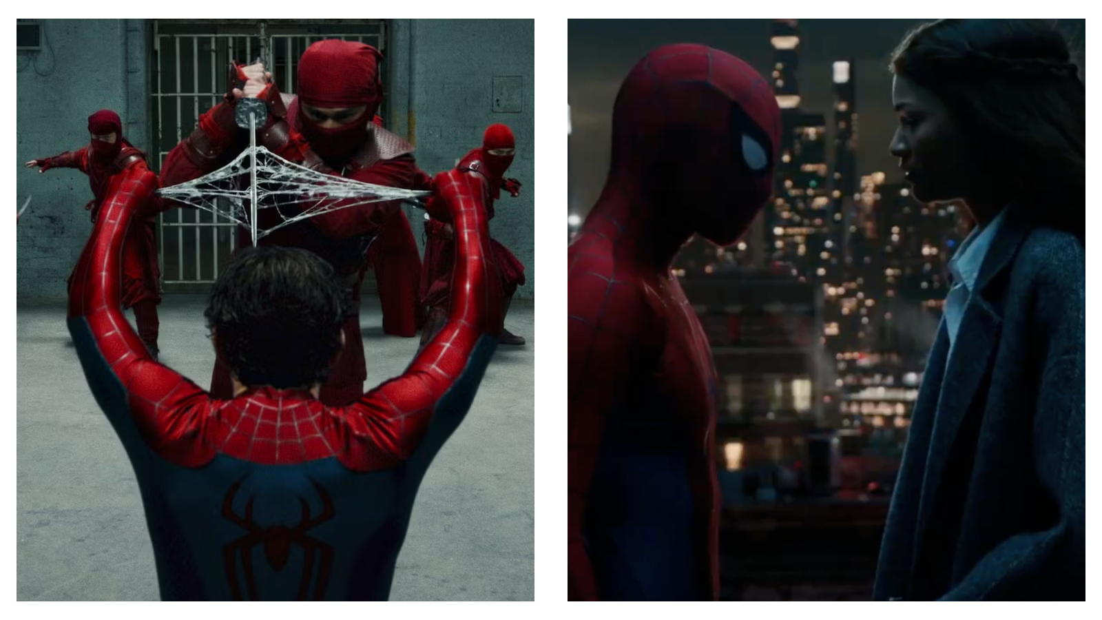 Two-panel cinematic comparison: Spider-Man uses a web-shield to block a ninja's sword strike; Spider-Man stands face-to-face with MJ against a nocturnal city skyline.