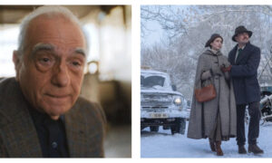 A still of Martin Scorsese in The Studio, alongside Leonardo DiCaprio and Jennifer Lawrence in What Happens at Night