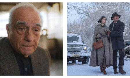 A still of Martin Scorsese in The Studio, alongside Leonardo DiCaprio and Jennifer Lawrence in What Happens at Night