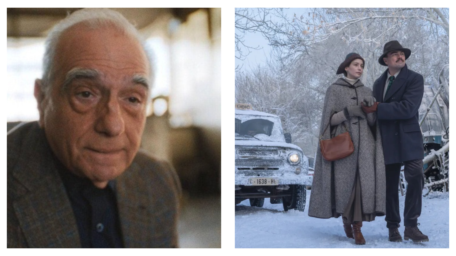 A still of Martin Scorsese in The Studio, alongside Leonardo DiCaprio and Jennifer Lawrence in What Happens at Night