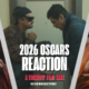 A YouTube thumbnail for "The Film News Blitz Podcast" titled "2026 OSCARS REACTION: A FRIENDLY FILM TAKE". The image is split into three vertical sections featuring cinematic shots: (left to right) Jessie Buckley in Hamnet, Leonardo DiCaprio and Benicio Del Toro in One Battle After Another, and Michael B. Jordan in Sinners.