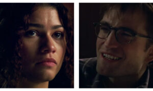 Side-by-side cinematic close-ups of Zendaya (left) and Robert Pattinson (right) in The Drama.