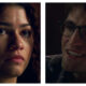 Side-by-side cinematic close-ups of Zendaya (left) and Robert Pattinson (right) in The Drama.
