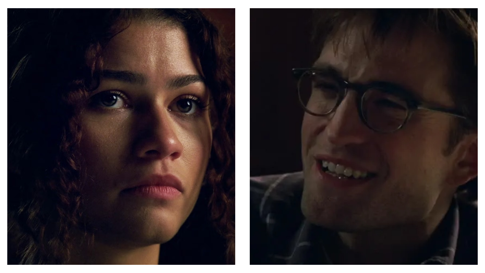 Side-by-side cinematic close-ups of Zendaya (left) and Robert Pattinson (right) in The Drama.