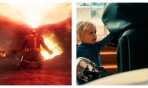 Split image: Cyclops fires a massive red optic blast; a blond child reaches towards a hooded Dr Doom holding his metallic mask.