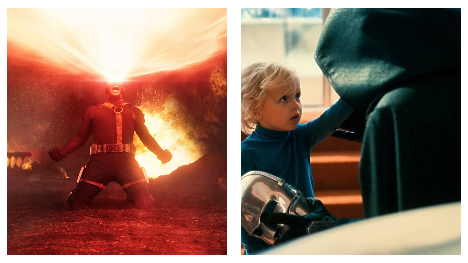Split image: Cyclops fires a massive red optic blast; a blond child reaches towards a hooded Dr Doom holding his metallic mask.