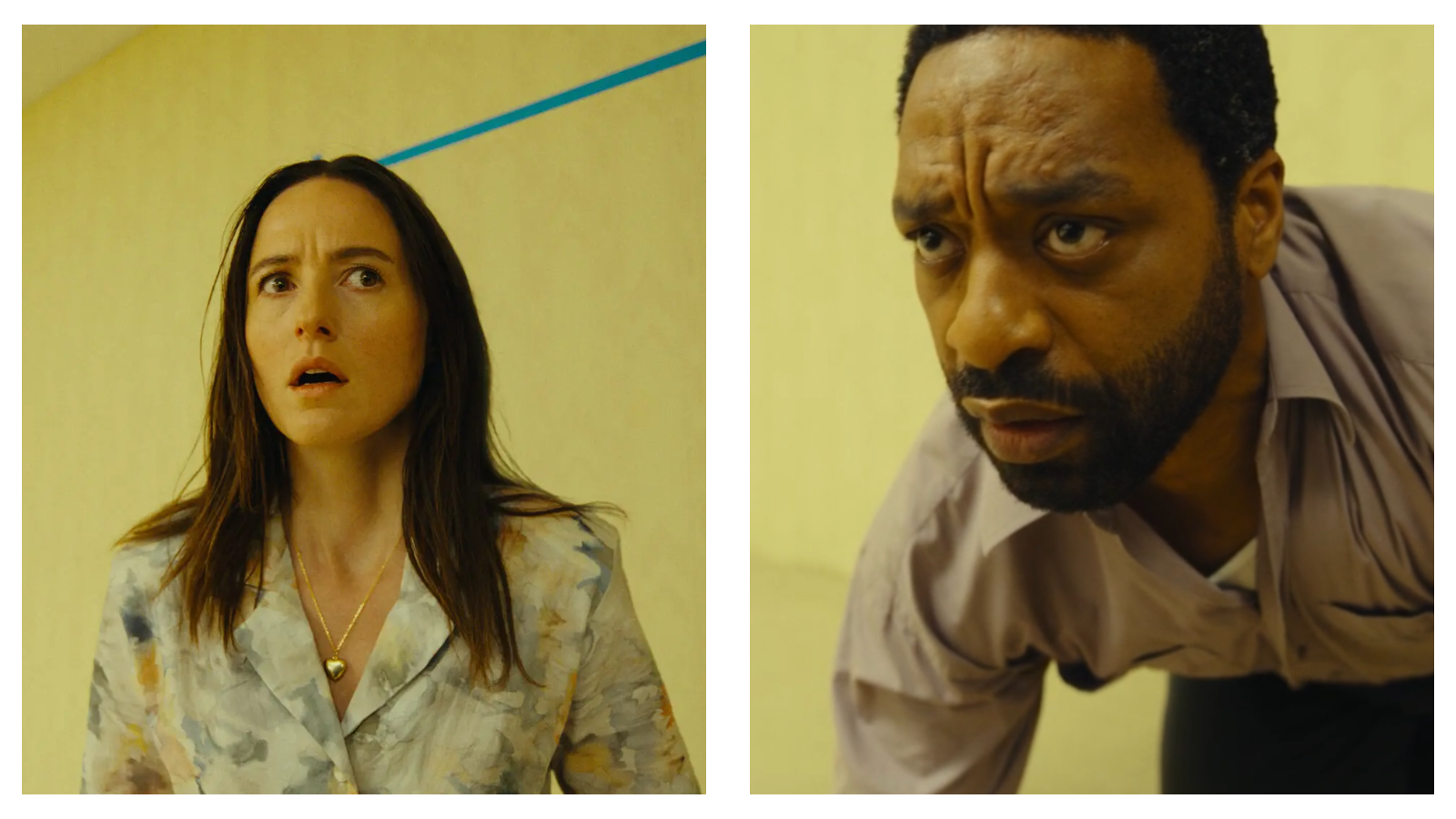 Stills of Renate Reinsve (left) and Chiwetel Ejiofor (right) in the Backrooms film trailer