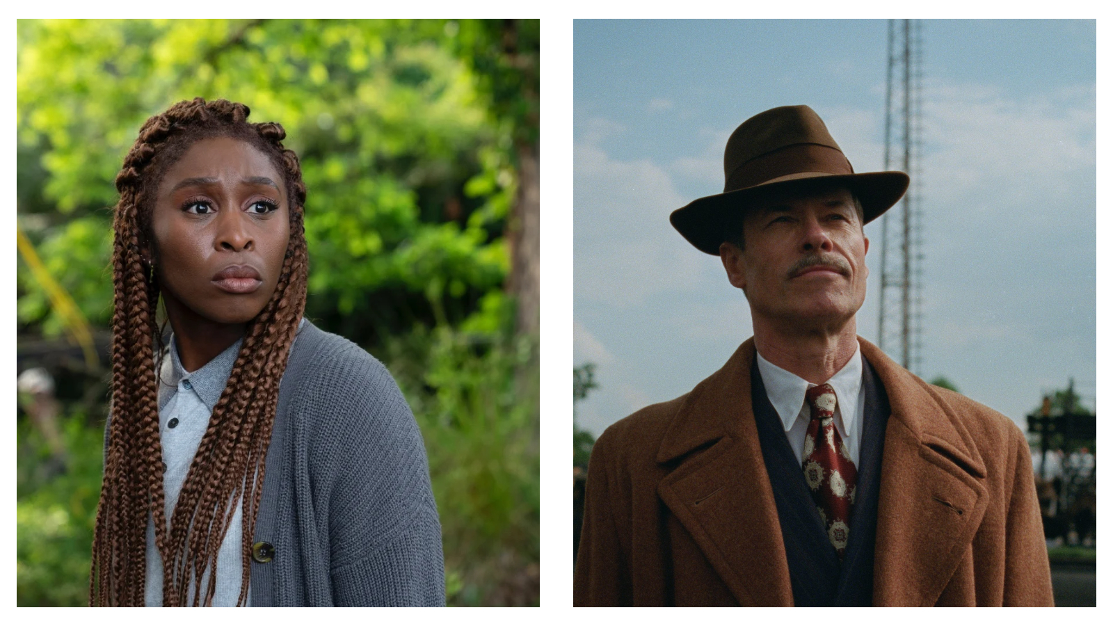 Stills of Cynthia Erivo (left) and Guy Pearce (right)