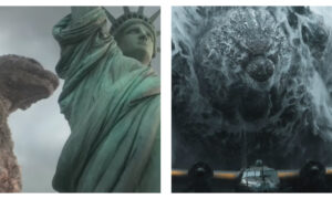 On the left, Godzilla looms behind the Statue of Liberty; on the right, Godzilla erupts from the ocean behind a propeller plane.