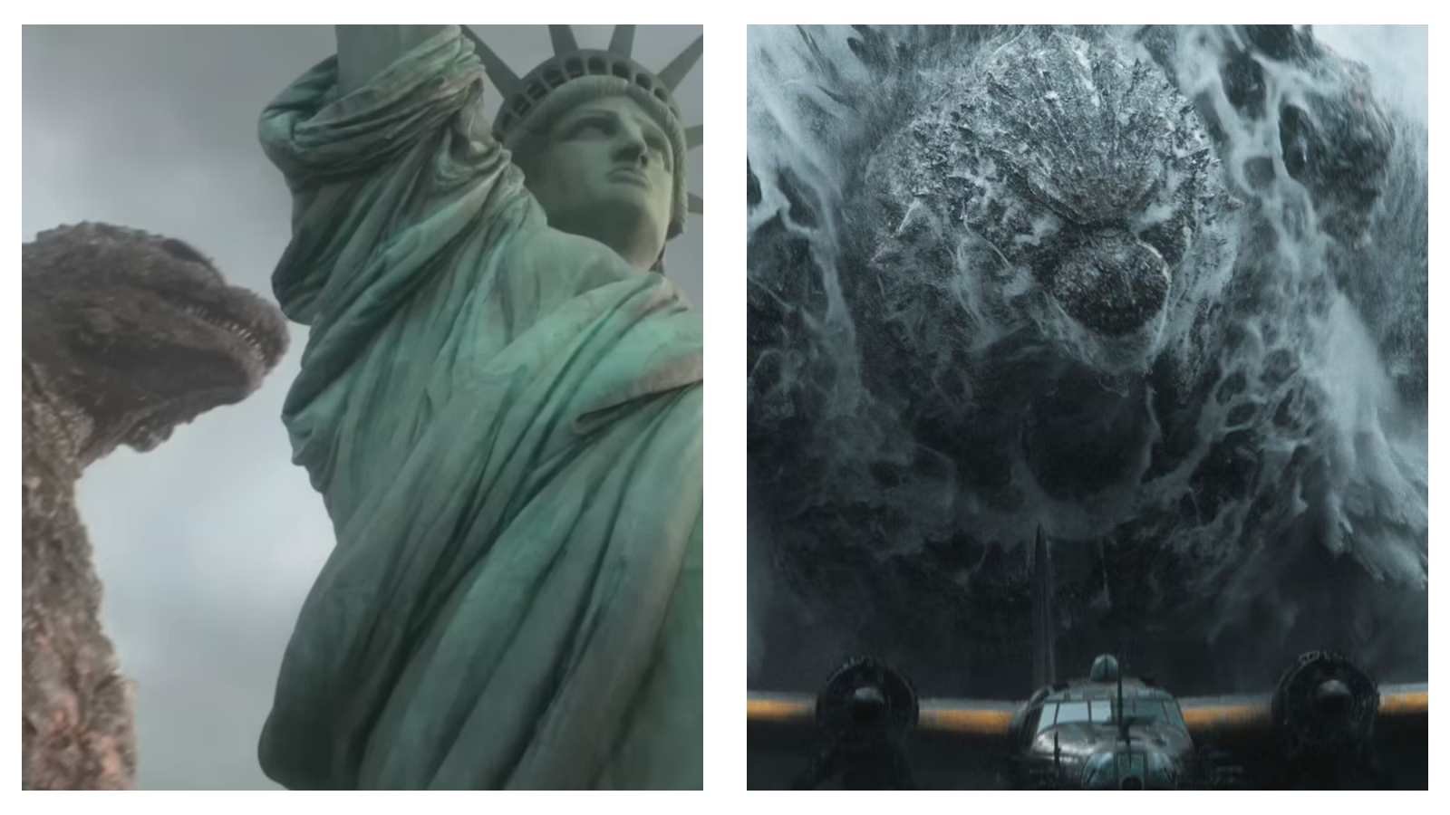 On the left, Godzilla looms behind the Statue of Liberty; on the right, Godzilla erupts from the ocean behind a propeller plane.