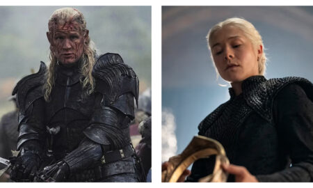 Split image from House of the Dragon: Matt Smith’s Daemon Targaryen in dark, bloodied plate armour on the left; Emma D’Arcy’s Rhaenyra looking down at a gold crown on the right.