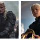 Split image from House of the Dragon: Matt Smith’s Daemon Targaryen in dark, bloodied plate armour on the left; Emma D’Arcy’s Rhaenyra looking down at a gold crown on the right.