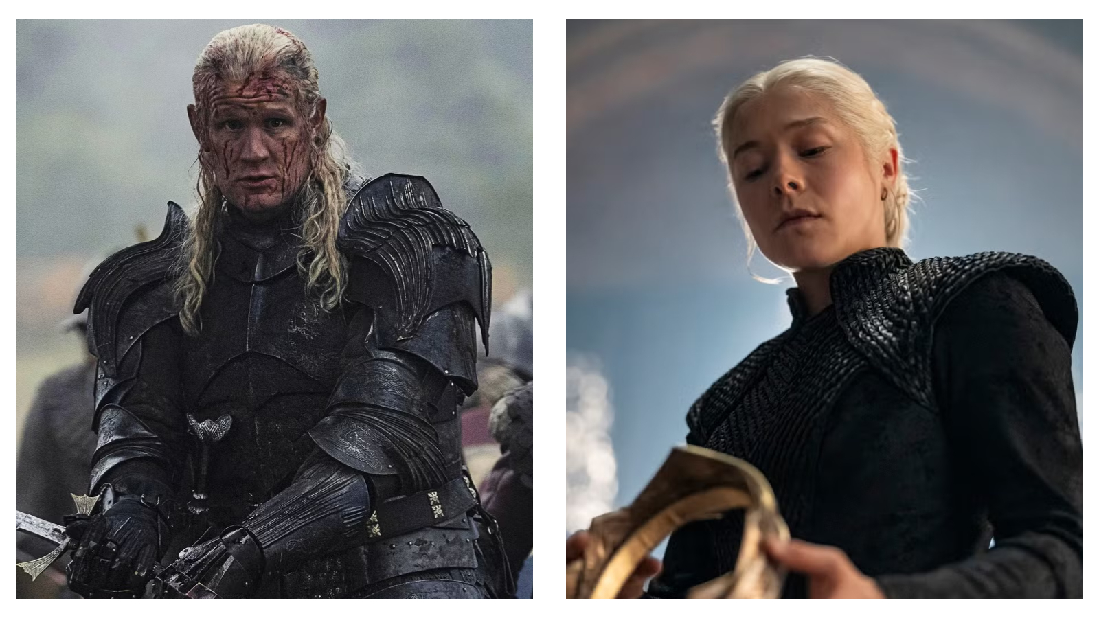 Split image from House of the Dragon: Matt Smith’s Daemon Targaryen in dark, bloodied plate armour on the left; Emma D’Arcy’s Rhaenyra looking down at a gold crown on the right.